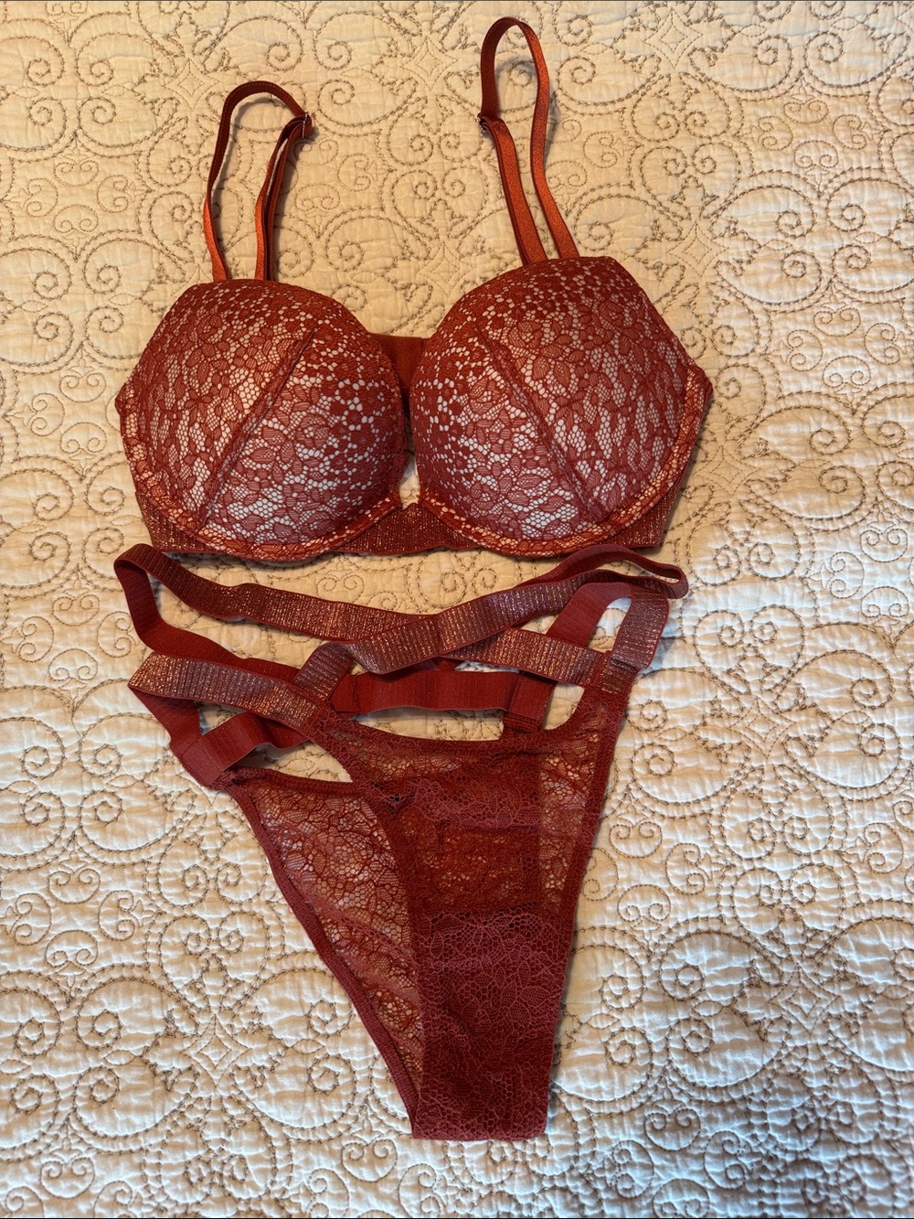 Victoria’s Secret Lace Push-Up Bra & Thong Set - Burnt Orange, Sz. 32D, S
